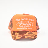 Orange cap with text 'Free Bands Only, Made in the South' on a white background