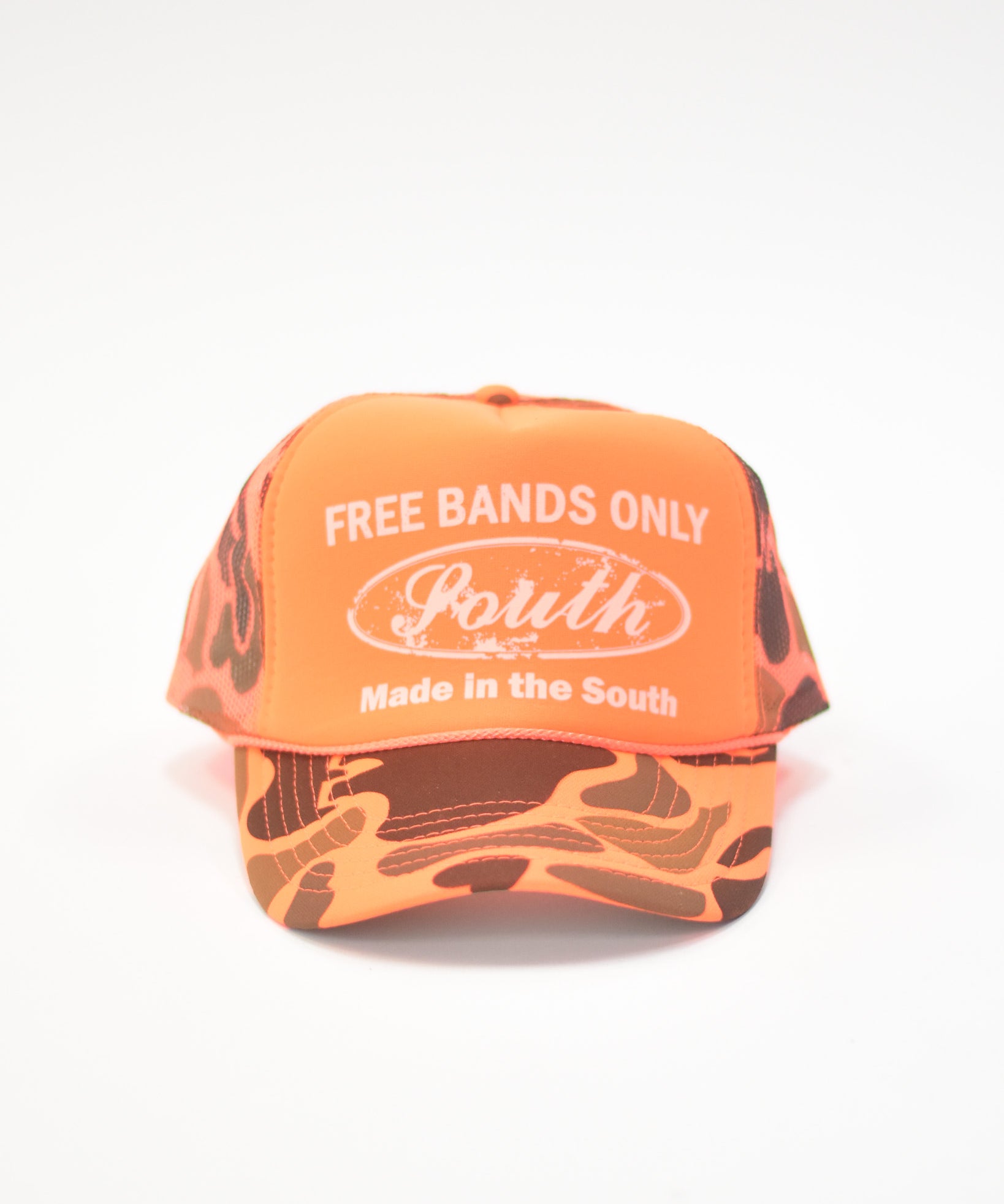 Orange cap with text 'Free Bands Only, Made in the South' on a white background